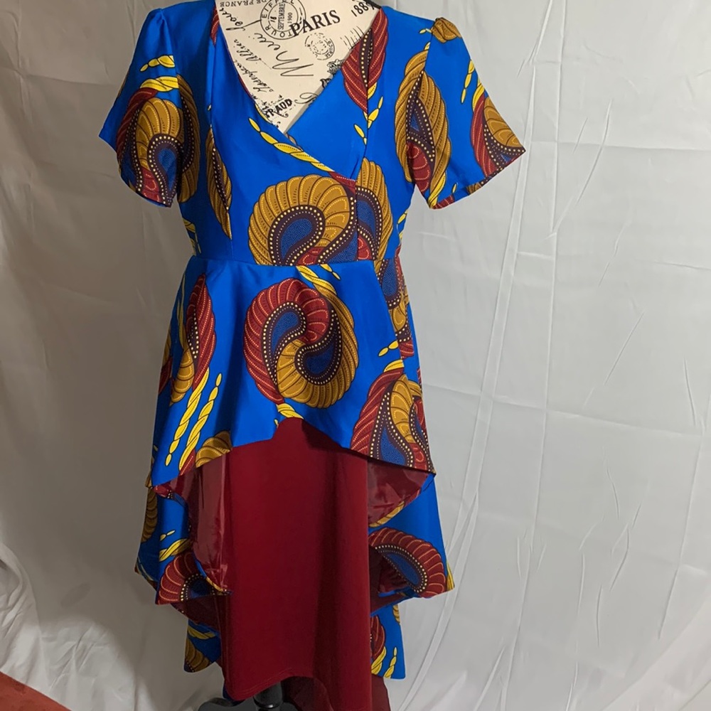 NWOT - EY Studio Royal Blue, Ruby Red & Gold Print African high-low dress. Sz:L
